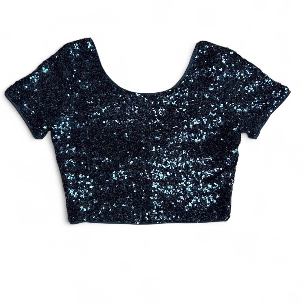 Blue Sequins Short Sleeve Cropped Top Size Small